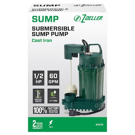 Zoeller Zoeller 1/2 HP 3600 gph Cast Iron Vertical Float Switch AC Submersible Sump Pump 1075-0001